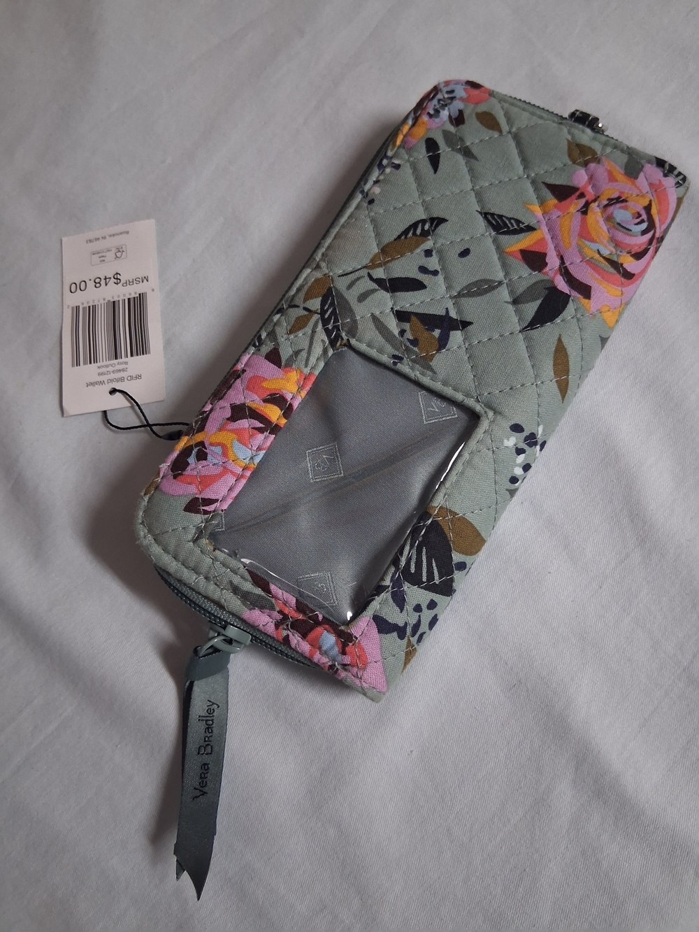 Vera Bradley RFID Blocker Quilted Floral Zip Wallet - Sage Green